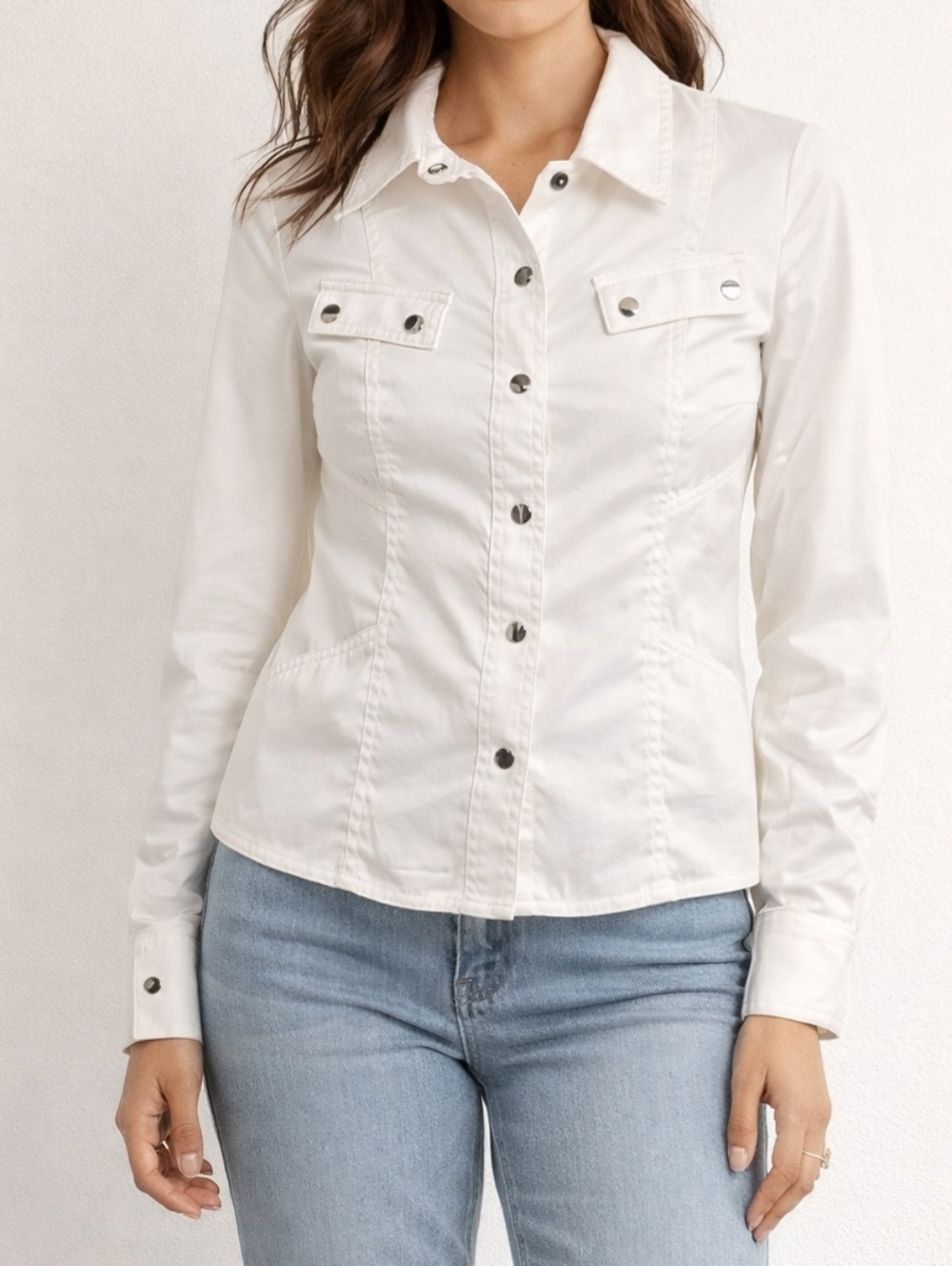 Jones New York White Long Sleeve, Snap-Front Shirt, Signature Petite, Size: PP